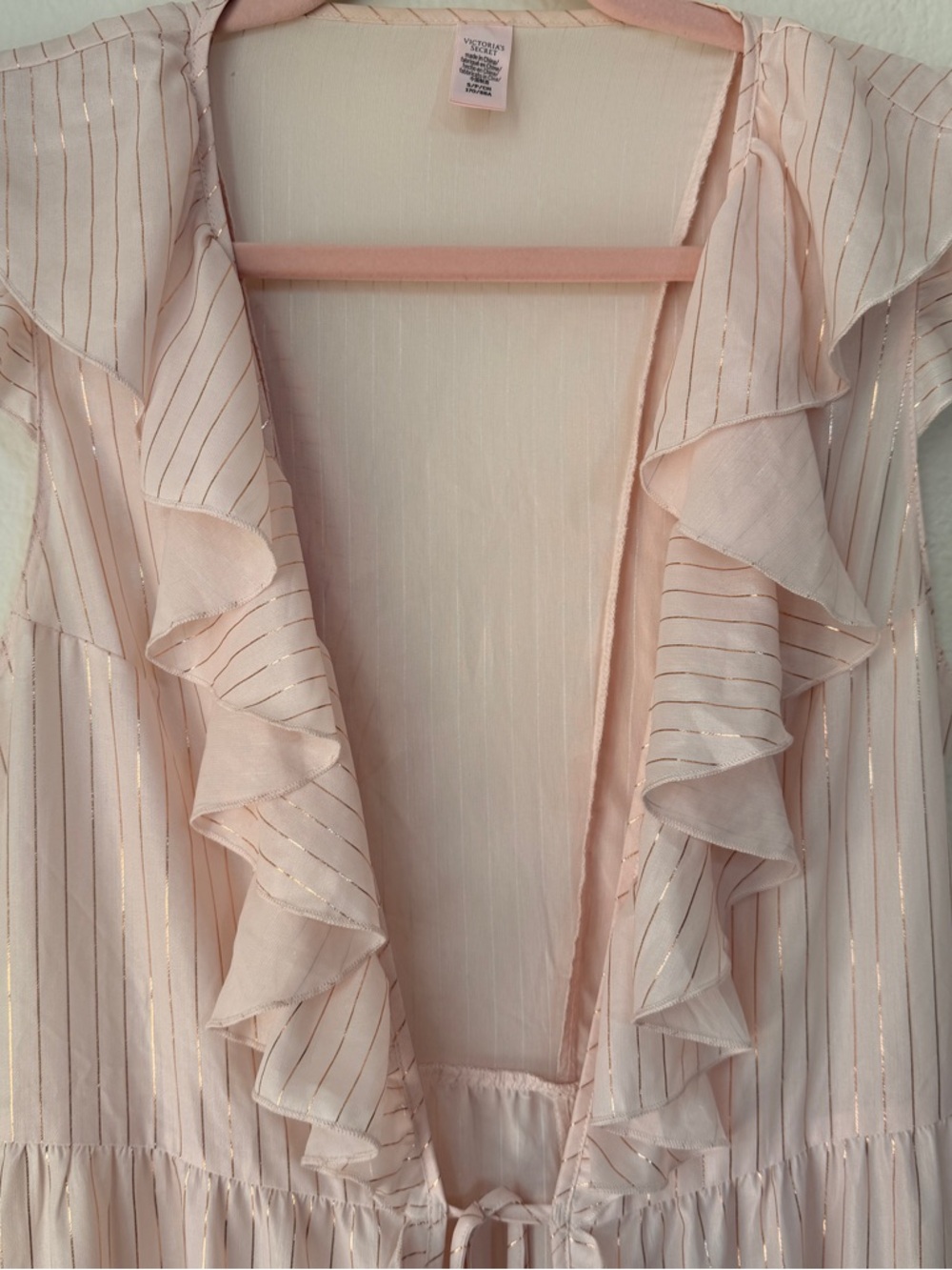 Victoria’s Secret Blush Pink Sheer Ruffle Robe Stripe Tie Front Coquette Fairy S - Picture 4 of 15